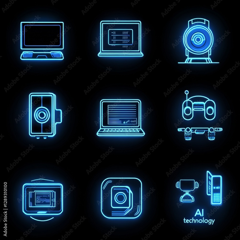 Poster neon technology icons representing innovation and future, displaying robotics and computer science o