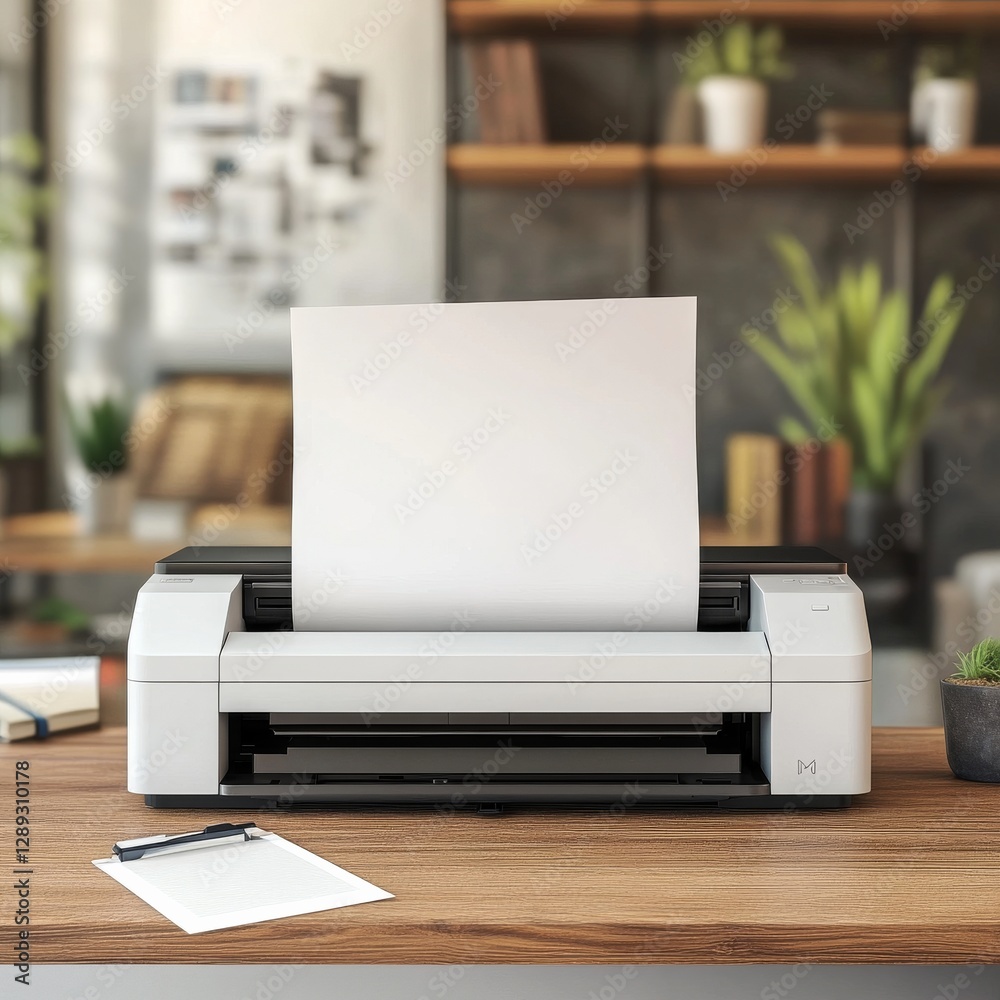 Poster mock up printer on desk with white page going trough printer