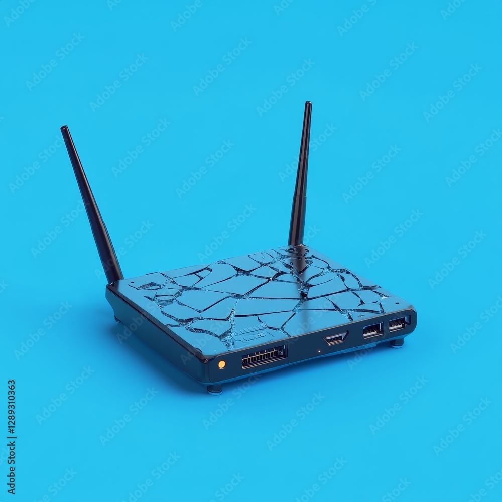 Poster shattered tech: a broken wireless router on a vibrant blue background, symbolizing network failure