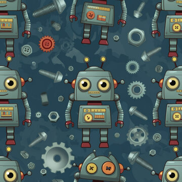 Robot seamless pattern with gears, bolts, and cute mechanical characters