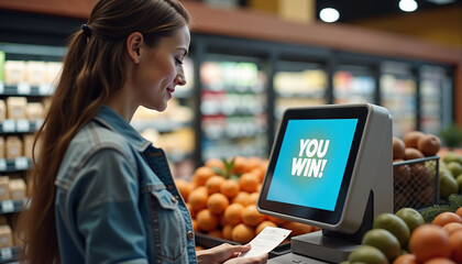 Happy woman winning lottery at self-checkout in grocery store