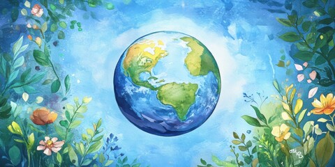 Planet Earth with flowers around the planet, blue background. Environmental theme, watercolor drawing style.
