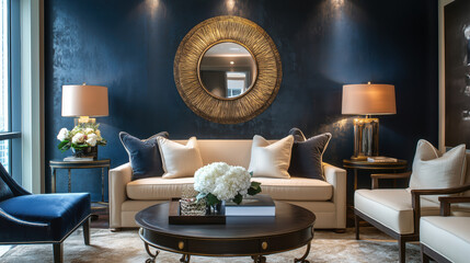 A Dark and Elegant Living Room with Navy Blue and Bronze Accents, Featuring a Navy Blue Stucco-Textured Wall, a Soft Beige Sofa, and Decorative Bronze Elements in Furniture and Lighting