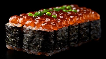 Ikura sushi roll, close-up, dark background, food photography, menu