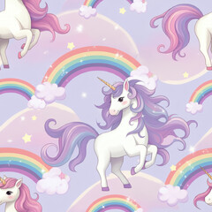Fototapeta premium seamless fantasy pattern featuring unicorns, rainbows, stars, and fluffy clouds in soft pastel tones, perfect for magical-themed designs