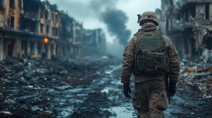 Lone soldier walking in destroyed city.  The concept of war and destruction