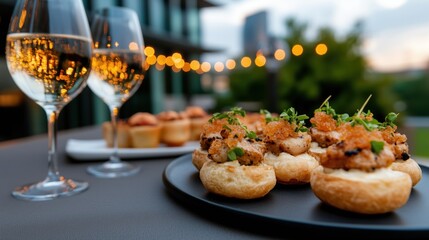 Luxury rooftop event featuring gourmet dining and elegant decor with high-profile guests at sunset
