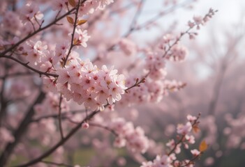 Fototapeta premium Close-Up of Pink Cherry Blossoms on a Tree Branch