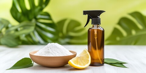 eco-friendly cleaning station, a well-lit cleaning station with an eco-friendly spray bottle, baking soda, and a lemon, with a blurred plant in the background