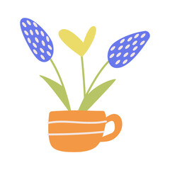Vector illustration with a flower arrangement and a heart in a tea mug. Hand-drawn elements for postcards, covers, and banner templates. Happy Mothers Day greeting card with flowers in a cup