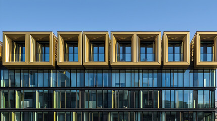 Obraz premium Modern gold-framed balconies on glass building, city skyline backdrop