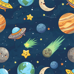 Seamless pattern of cute planets stars UFOs and comets in deep space with cartoon elements for kids space themed design