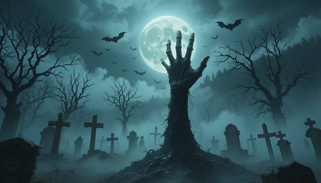 halloween scene zombie hand rising out of a graveyard concept escena de halloween mano de zombie saliendo de un cementerio concepto sc&egrave;ne d'halloween main de zombie sortant d'un cimeti&egrave;re concept
