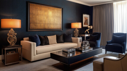 Fototapeta premium A Dark and Elegant Living Room with Navy Blue and Bronze Accents, Featuring a Navy Blue Stucco-Textured Wall, a Soft Beige Sofa, and Decorative Bronze Elements in Furniture and Lighting