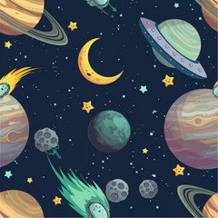 Seamless pattern of cute planets stars UFOs and comets in deep space with cartoon elements for kids space themed design