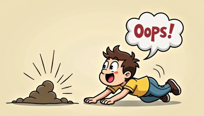 Cartoon character tripping over something with speech bubble saying 'Oops!', humorous moment with copy space
