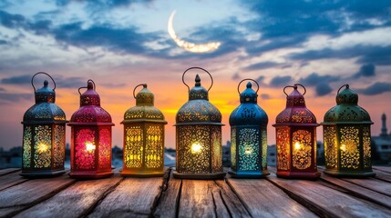 Fototapeta premium Arabian lanterns on an old wooden table with crescent moon and sky in the background, ramadan kareem theme.