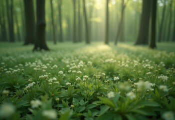 Fototapeta premium Forest Clearing with White Wildflowers and Sunbeams