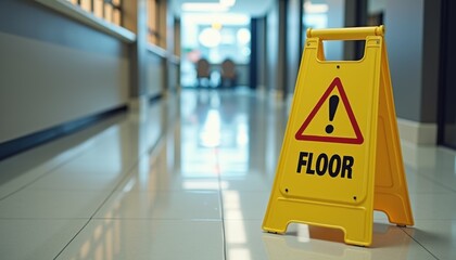 Wet floor sign next to freshly cleaned floor with caution written on it, safety alert with copy space