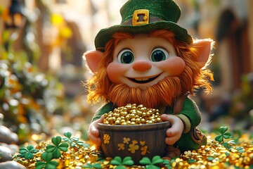 Cheerful Leprechaun with Pot of Gold Surrounded by Coins and Clovers in Whimsical Setting