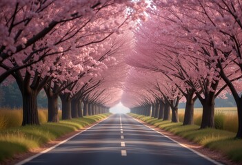  Road passing through a tunnel of cherry blossoms at sunrise with a warm glow