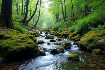 Obraz premium Flowing stream in lush green forest nature photography tranquil environment serene viewpoint