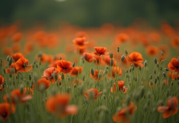  Blooming red poppies in a field with a warm and golden sunset backdrop