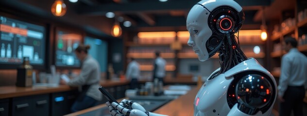 Fototapeta premium Robotic Bartender at Work in Bar. Future of Service Industry. Excellent for illustrating articles on AI and automation in the workforce, discussions about the future of jobs