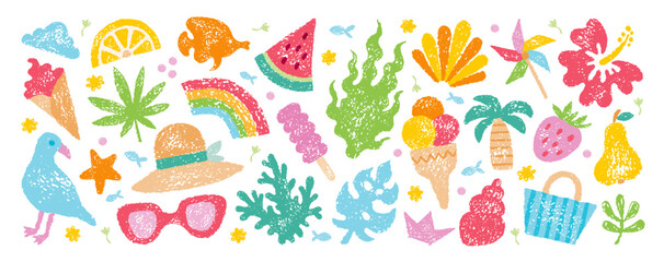 Beach summer icons. Sea vector element. Vacation crayon illustration. Beach sea summer vacation sticker set. Cute holiday icon pattern. Pastel chalk doodle fruit sun watermelon pinwheel flower shell