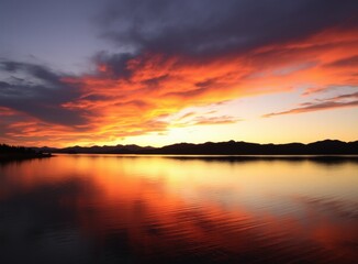 Obraz premium Fiery Sunset Sky Reflected in Calm Lake Water Landscape Nature Scene