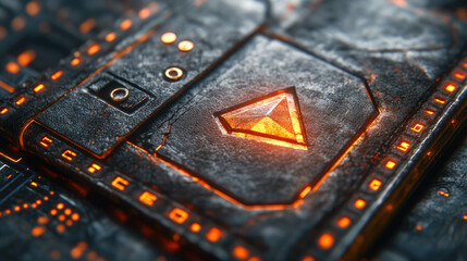 Dark Futuristic Circuit Board with Glowing Symbol