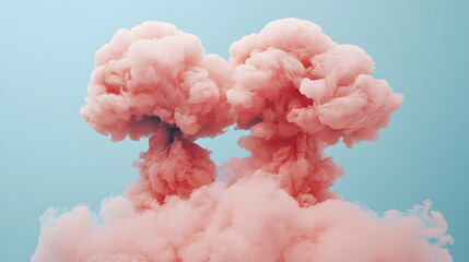 Pastel pink smoke clouds explode against a light blue background, suitable for artistic or abstract designs