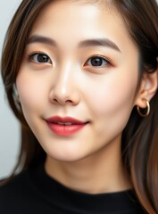 Fototapeta premium Attractive Asian woman with a delicate smile, subtle makeup, and hoop earrings