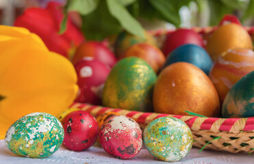 Happy Easter, Easter eggs hand painted in different colors.