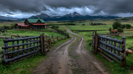 Ranch house, mountain view, dirt road, storm clouds