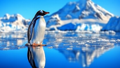 Fototapeta premium Antarctic penguin, icy sea, mountains