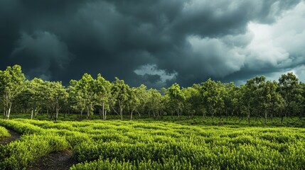 Naklejka premium Lush Green Landscape Under Dark Clouds in a Dramatic Sky