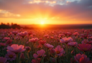 Field of pink daisies illuminated by the warm, golden light of a vibrant sunset with a colorful sky, creating a serene and picturesque nature scene perfect for landscape and nature-themed designs.