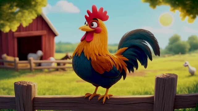 Cartoon rooster on the fence in the village.