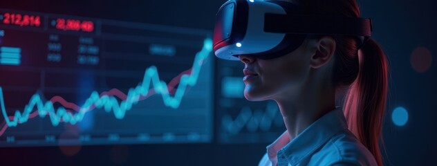 Woman Using VR Headset for Stock Market Analysis. Futuristic Finance Technology. Ideal for illustrating the future of finance, financial technology innovations