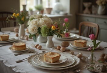 Fototapeta premium Beautifully set dining table with white tablecloth, decorated with fresh flowers and pastel-colored eggs, creating a festive springtime and Easter celebration atmosphere.