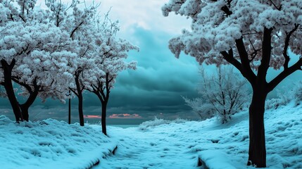 Winter Wonderland: A serene winter landscape is transformed into a breathtaking canvas as fluffy snow blankets the scene, turning trees into frosted masterpieces and creating a tranquil atmosphere.