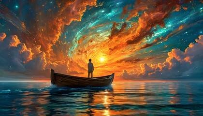 Fototapeta premium Mystical Journey - Man in Boat Under Spiral Galaxy