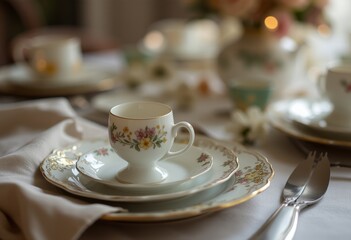 Intricate floral-themed teacup and saucer with gold accents, elegantly arranged on a formal dining table with white napkin and cutlery, suggesting a luxurious and sophisticated dining experience.