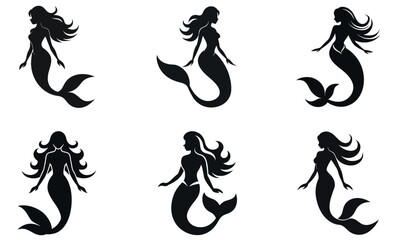 Obraz premium This image features six silhouette illustrations of mermaids against a plain white backdrop.
