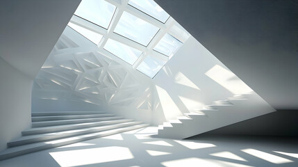 Obraz premium Modern white building interior, sunlight through skylight, staircase, geometric wall design, architectural rendering