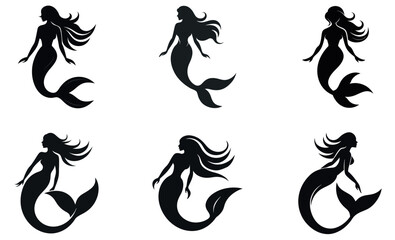 Obraz premium This image features six silhouette illustrations of mermaids against a plain white backdrop.