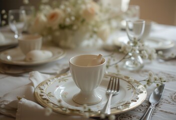 Intricate floral-themed teacup and saucer with gold accents, elegantly arranged on a formal dining table with white napkin and cutlery, suggesting a luxurious and sophisticated dining experience.