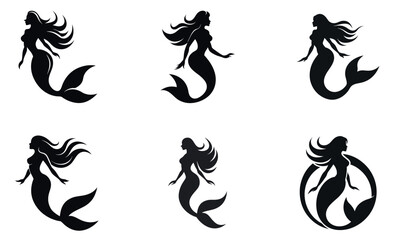 This image features six silhouette illustrations of mermaids against a plain white backdrop.