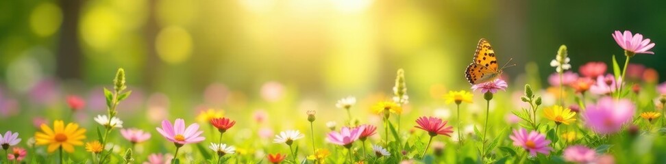 Sunny meadow with colorful butterflies and wildflowers, spring, pink